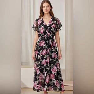 Beautiful Black and Pink Floral Maxi /cocktail Dress